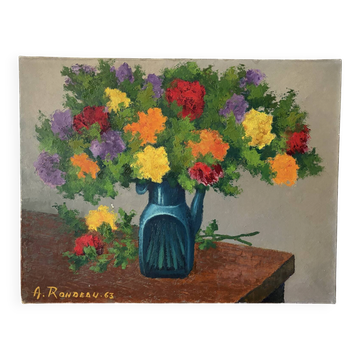 Bouquet en pichet, huile sur toile signé Rondeau 1963