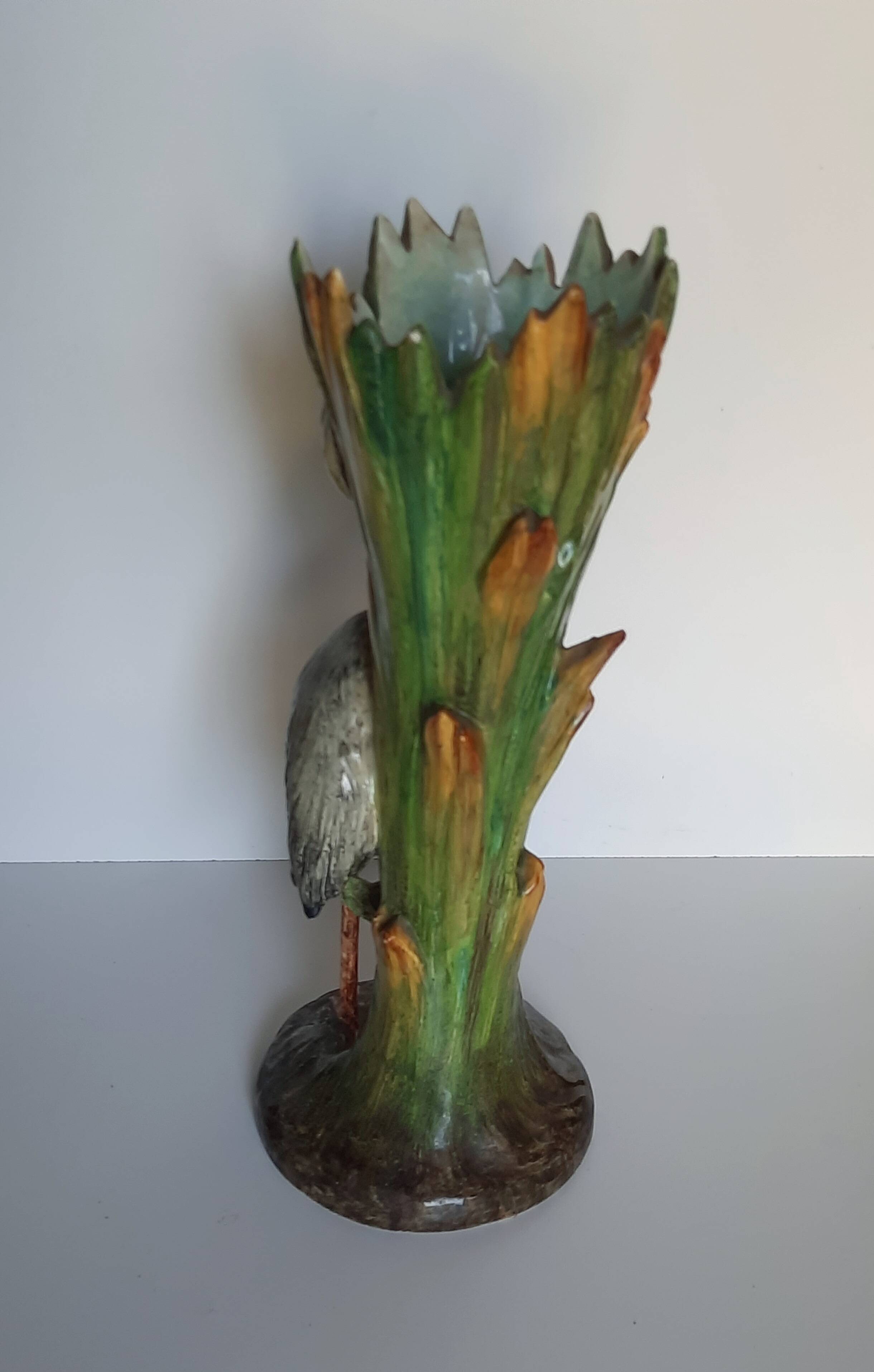 Art Nouveau majolica heron and iris vase