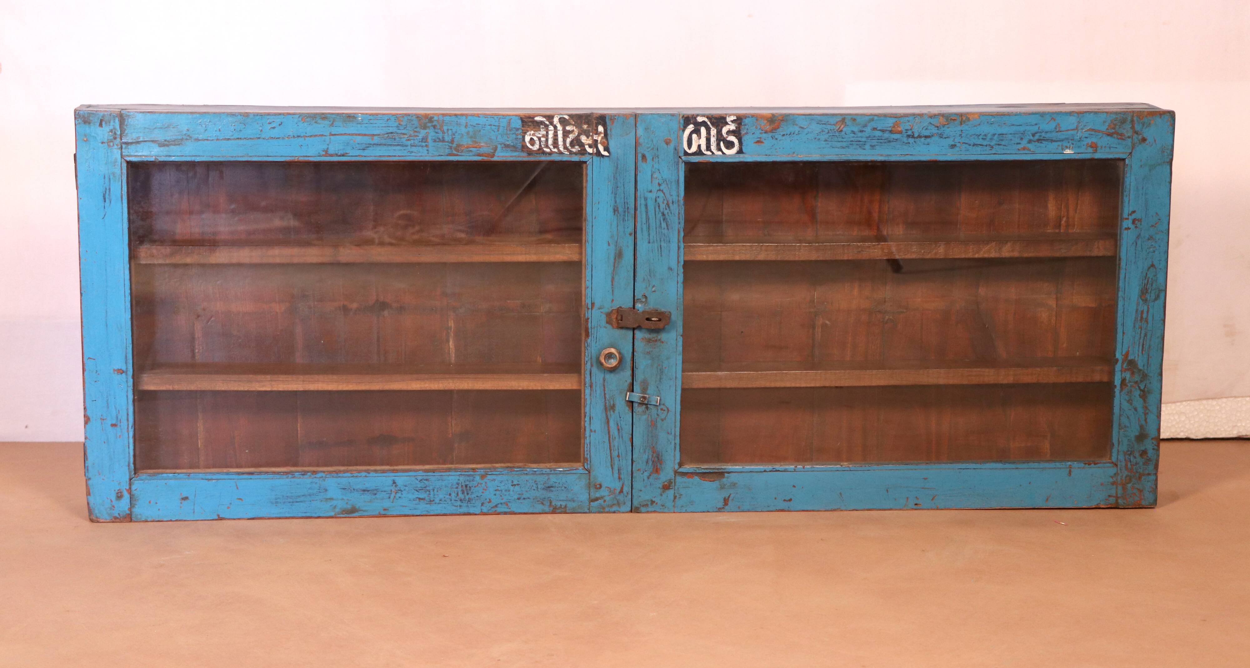 Old Burmese teak wall display case original blue patina