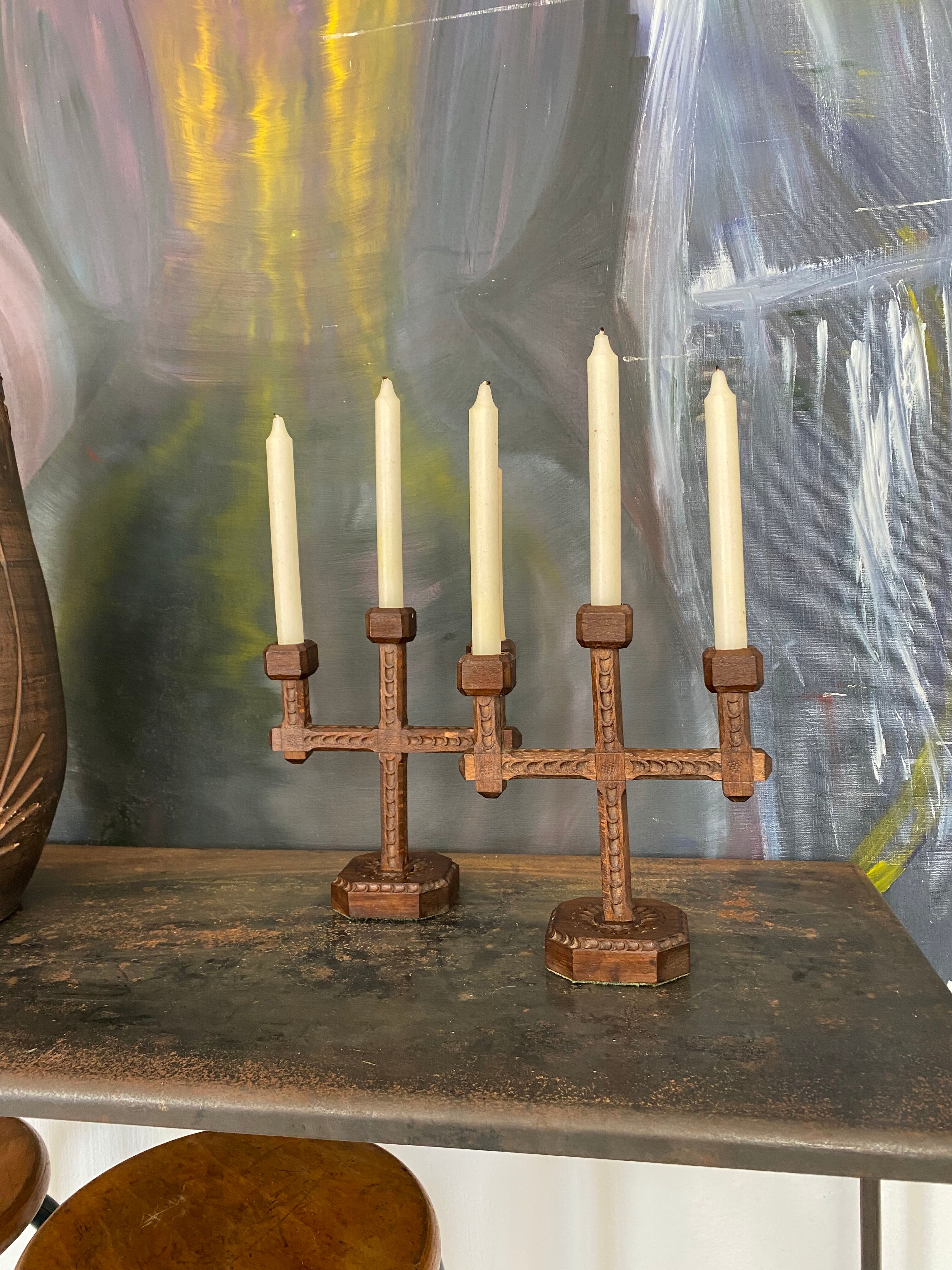 Paire de candélabres bois vintage