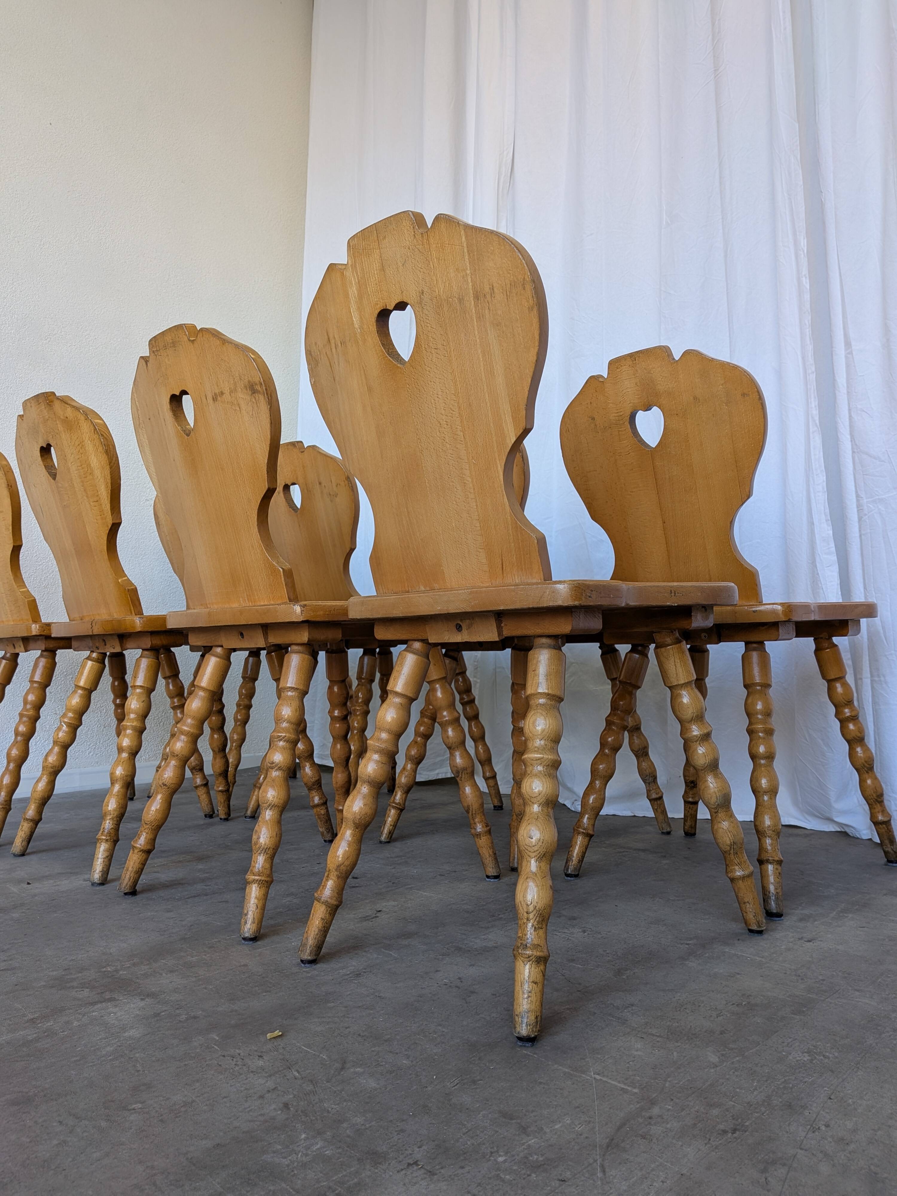 Set of 8 Vintage Tyrolean Heart Cutout Wooden Dining Chairs, Rustic Farmhou