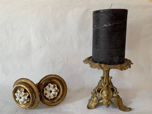 Large round door handles in gilded wood and Old Paris porcelain, circa 1900