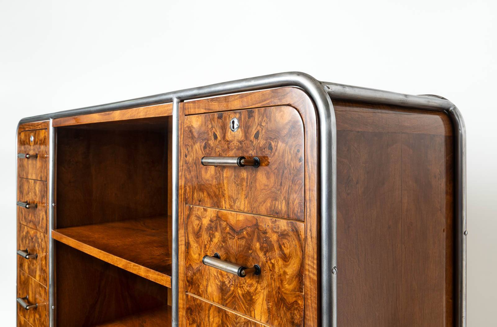 Bauhaus Era Bookcase, Tubular Steel Base, Walnut Veneer, 1930s