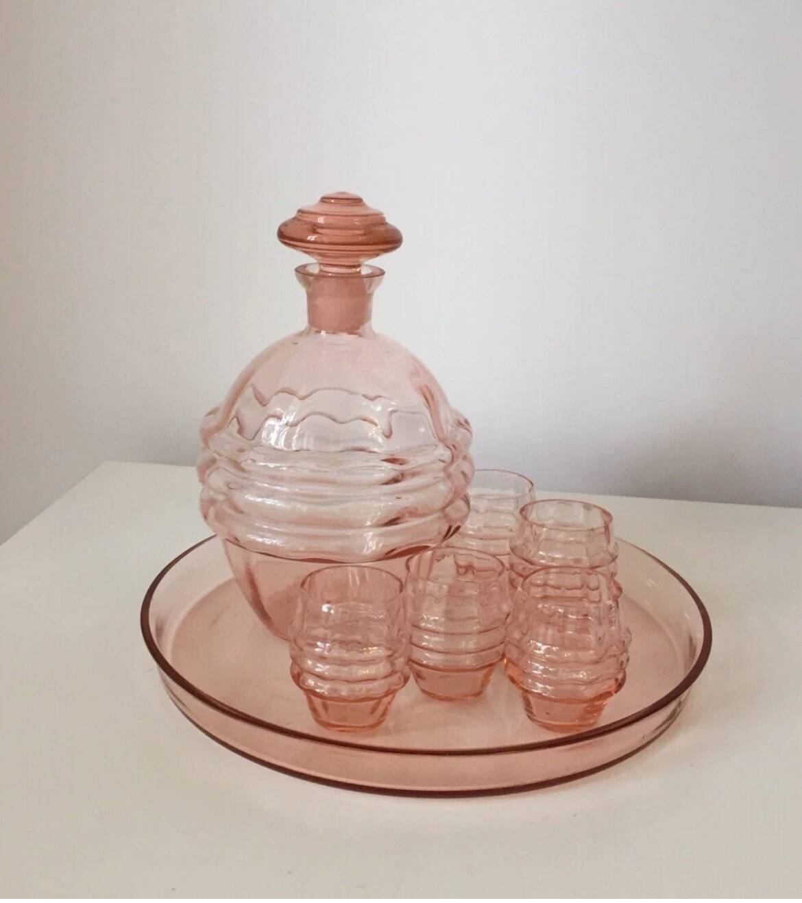 Vintage 1950s Pink Crystal Decanter Liquor Set
