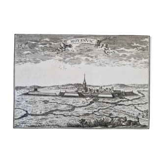 Gravure sur cuivre XVIIème siècle "Moyenvic", par Sébastien de Pontault de Beaulieu (1612-1674)