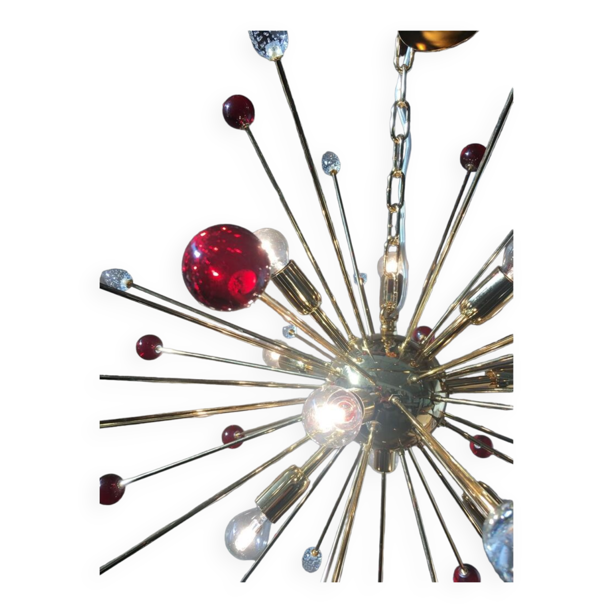 Transparent and red “star” chandelier in sputnik murano glass