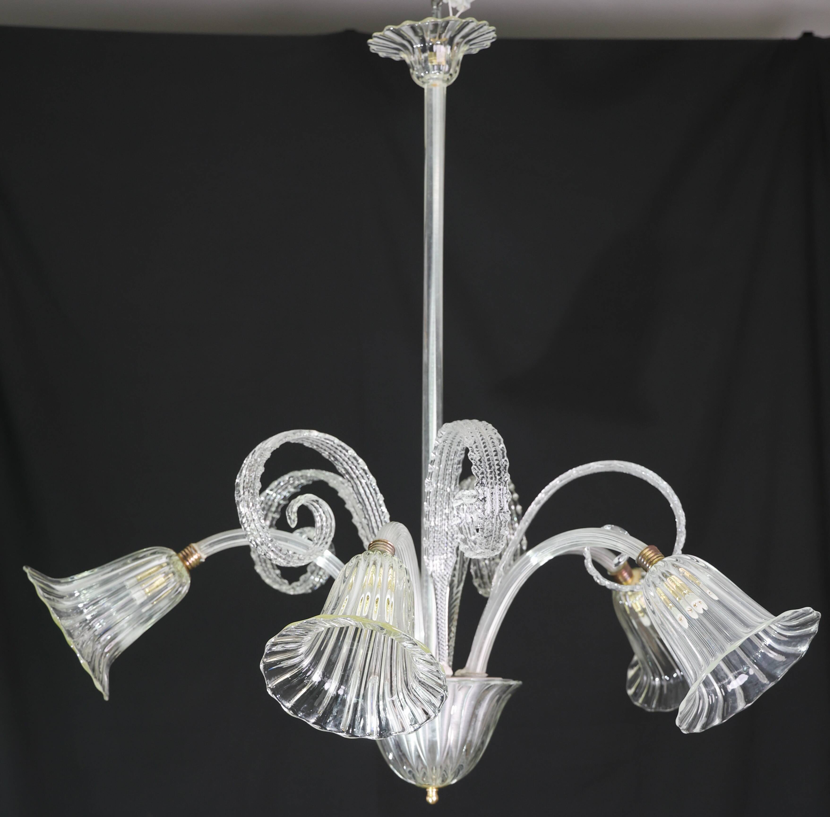 Amazing Art Decò Murano Glass Chandelier 5 Light, 1950