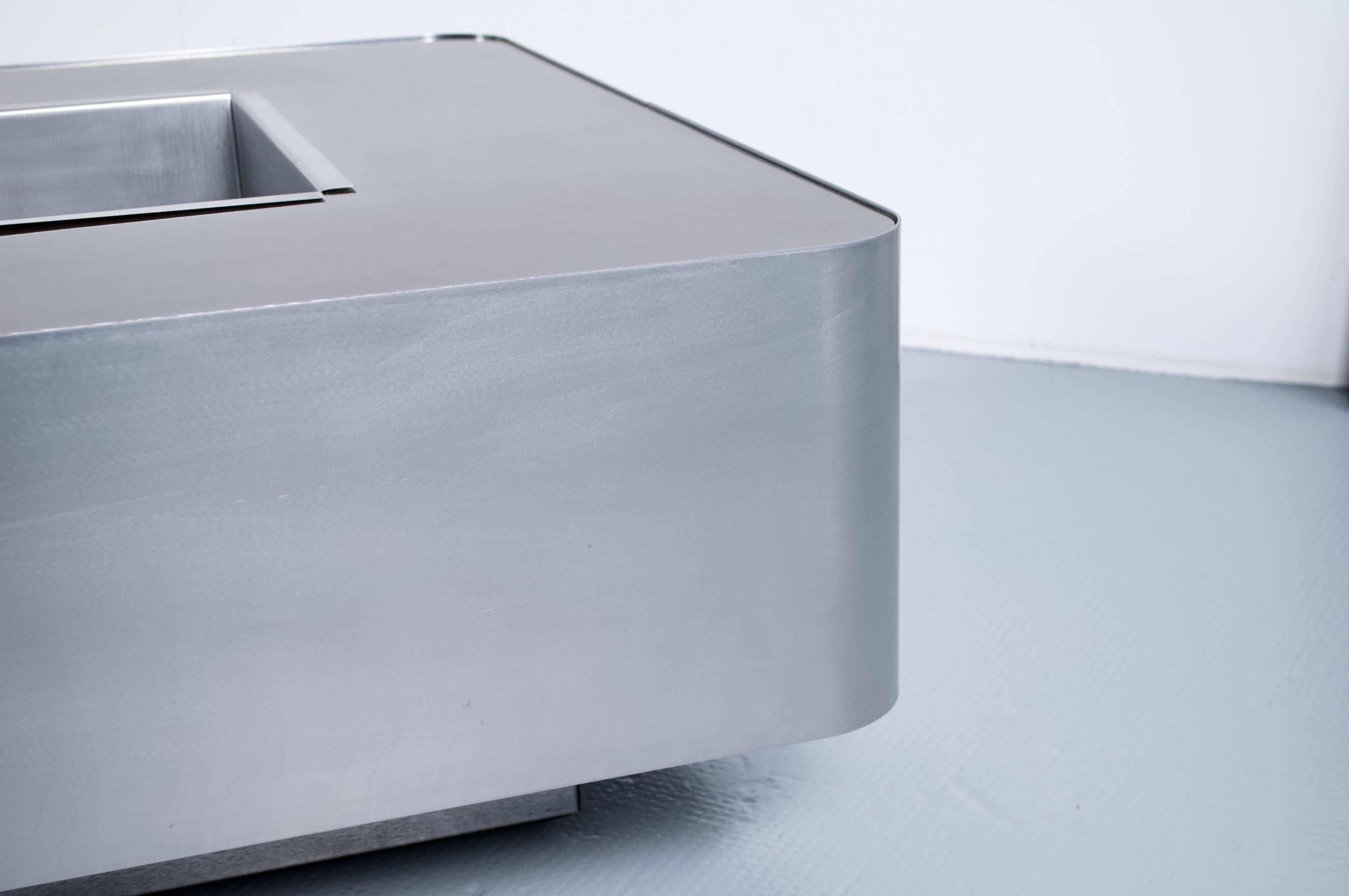 1970s COFFEE TABLE BAR BRUSHED STEEL AND BROWN MELAMINE