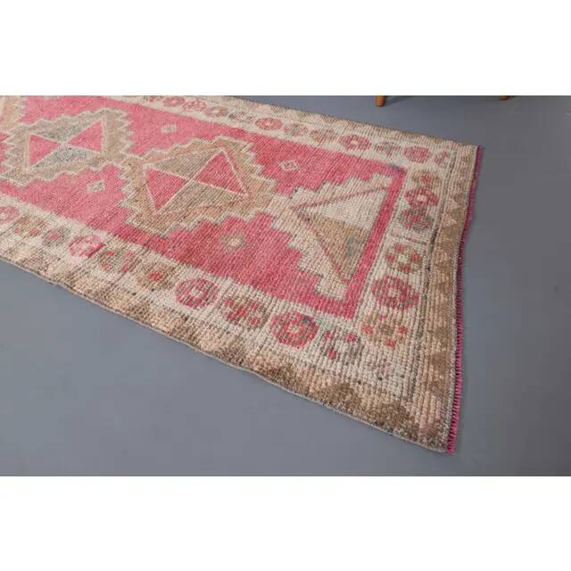 Vintage Turkish Hand-Knotted Wool Cotton Pink Runner Rug 92x364
