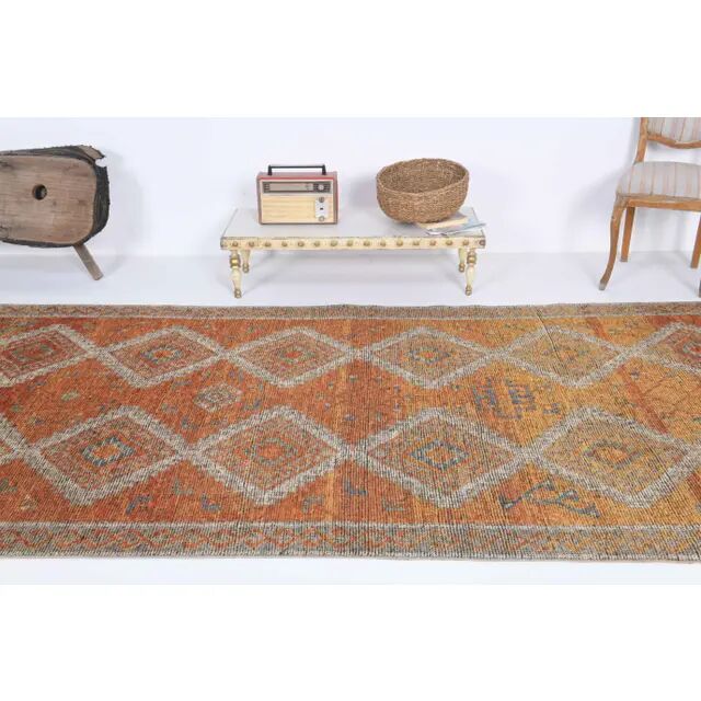 Vintage Turkish Hand-Knotted Wool Cotton Orange Area Rug 150x333