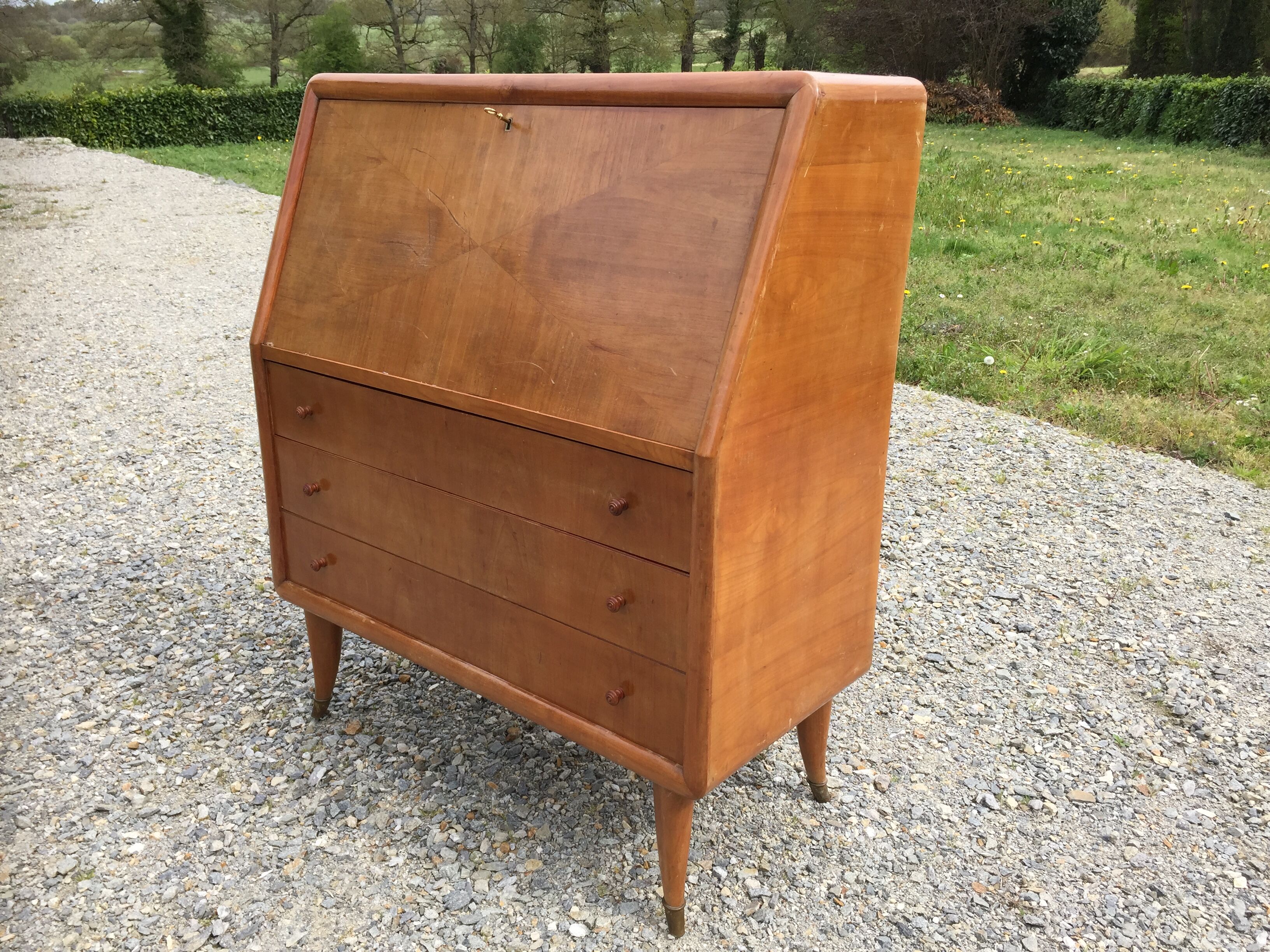 Vintage secretary desk, known as donkey's back, in cherry wood, Italian by Marelli & Fratelli.