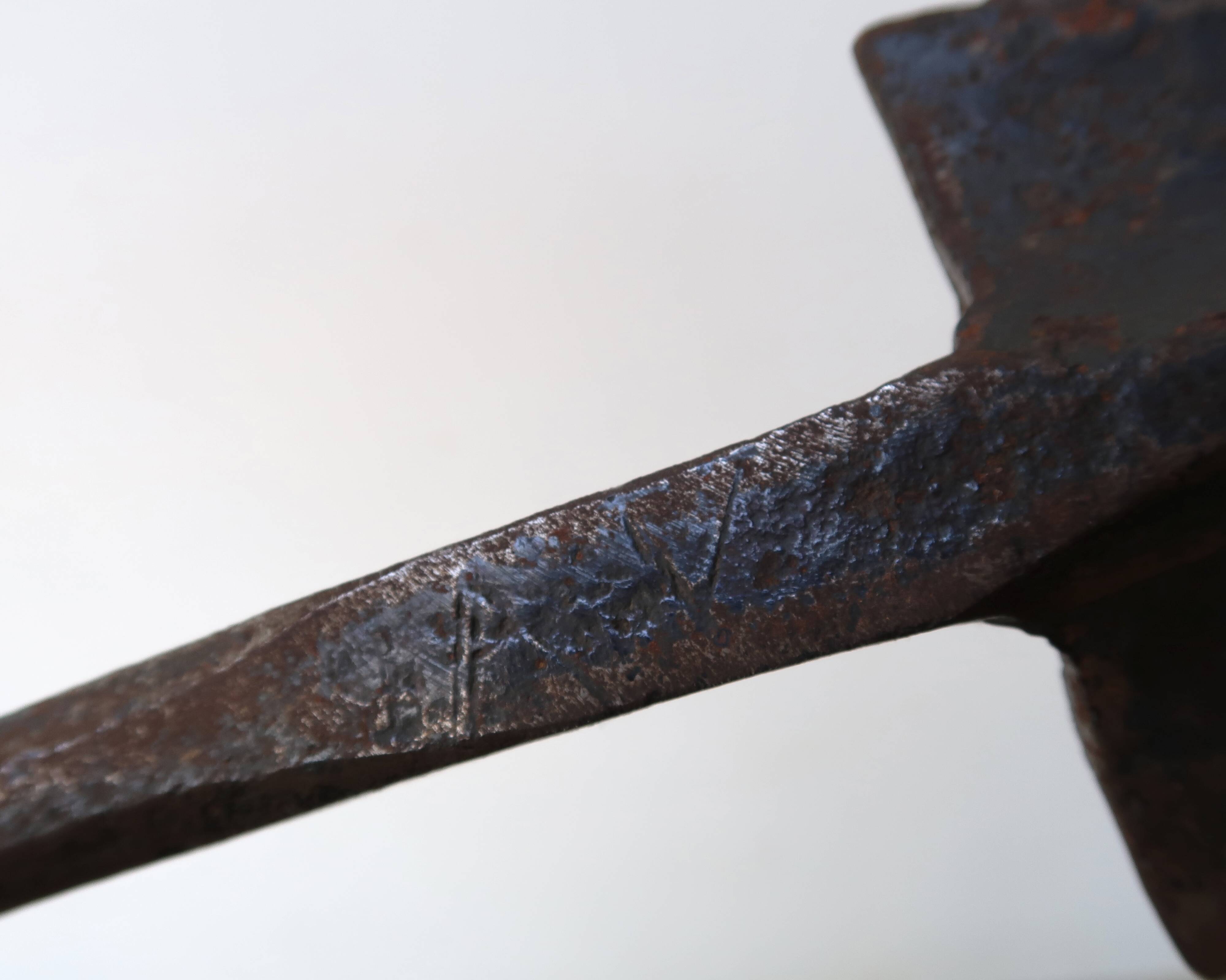 Imposing brutalist wrought iron candlestick "spear", signed, 1950s.