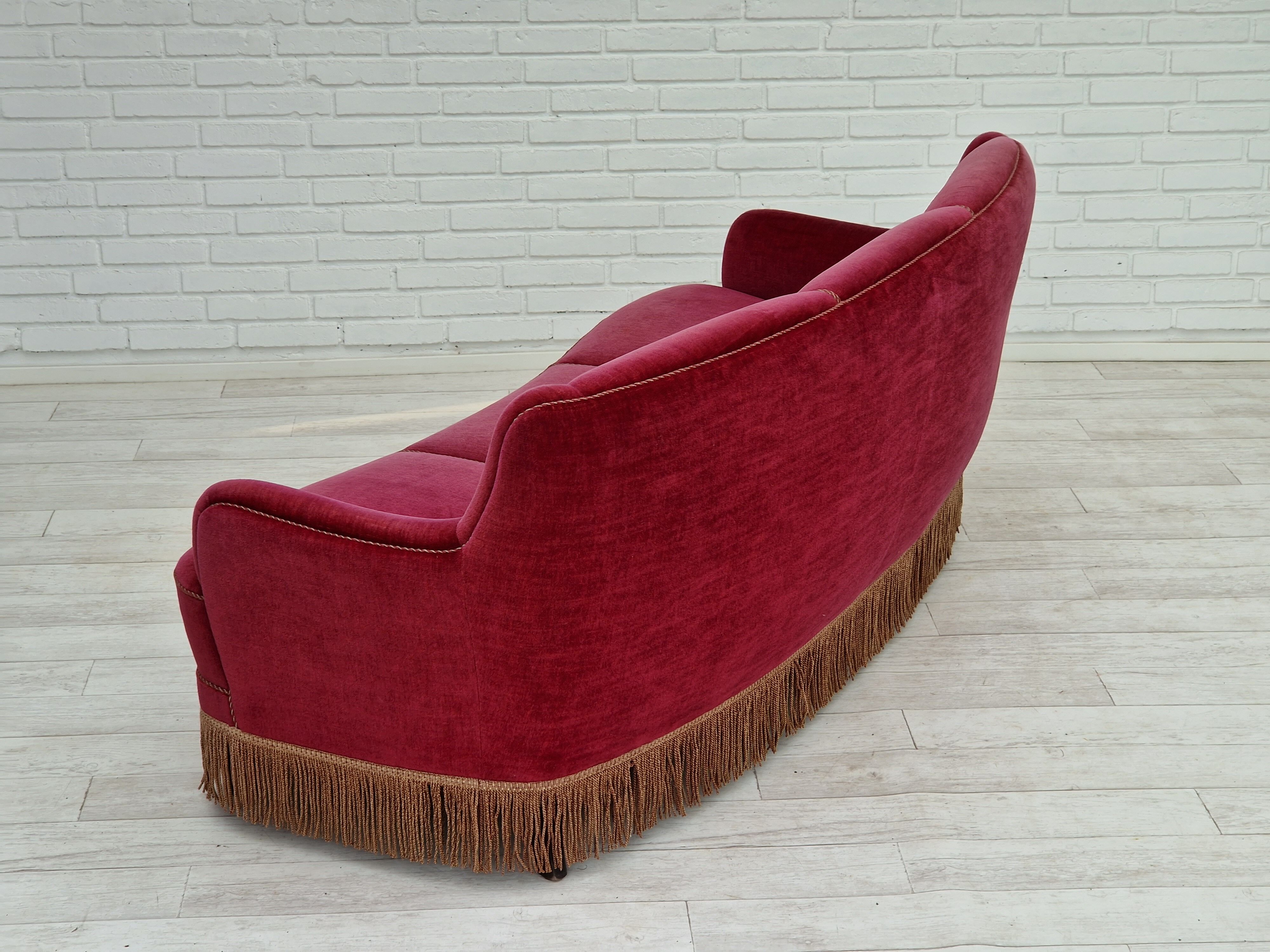 1970s, Danish vintage 2 seater "Banana" sofa, cherry-red velour, original very good condition.
