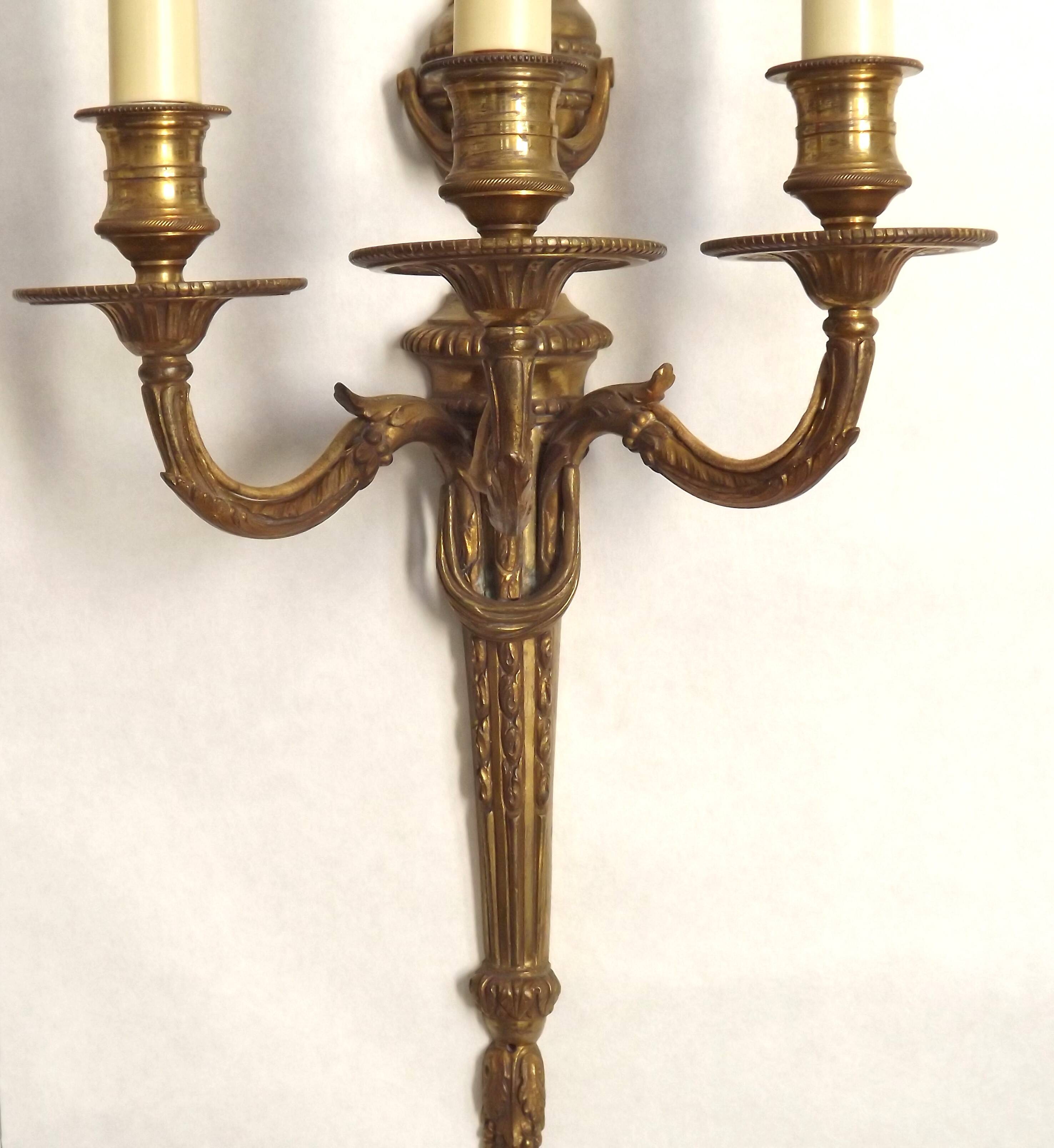 Magnificent Pair French Antique Bronze Triple Wall Lights Urn & Swag Detail