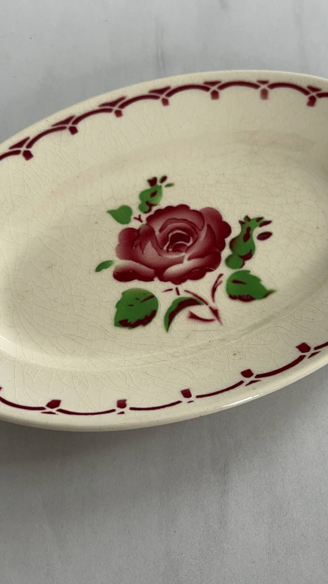 Oval Ravier Badonviller in vintage earthenware, vintage pink red dish.