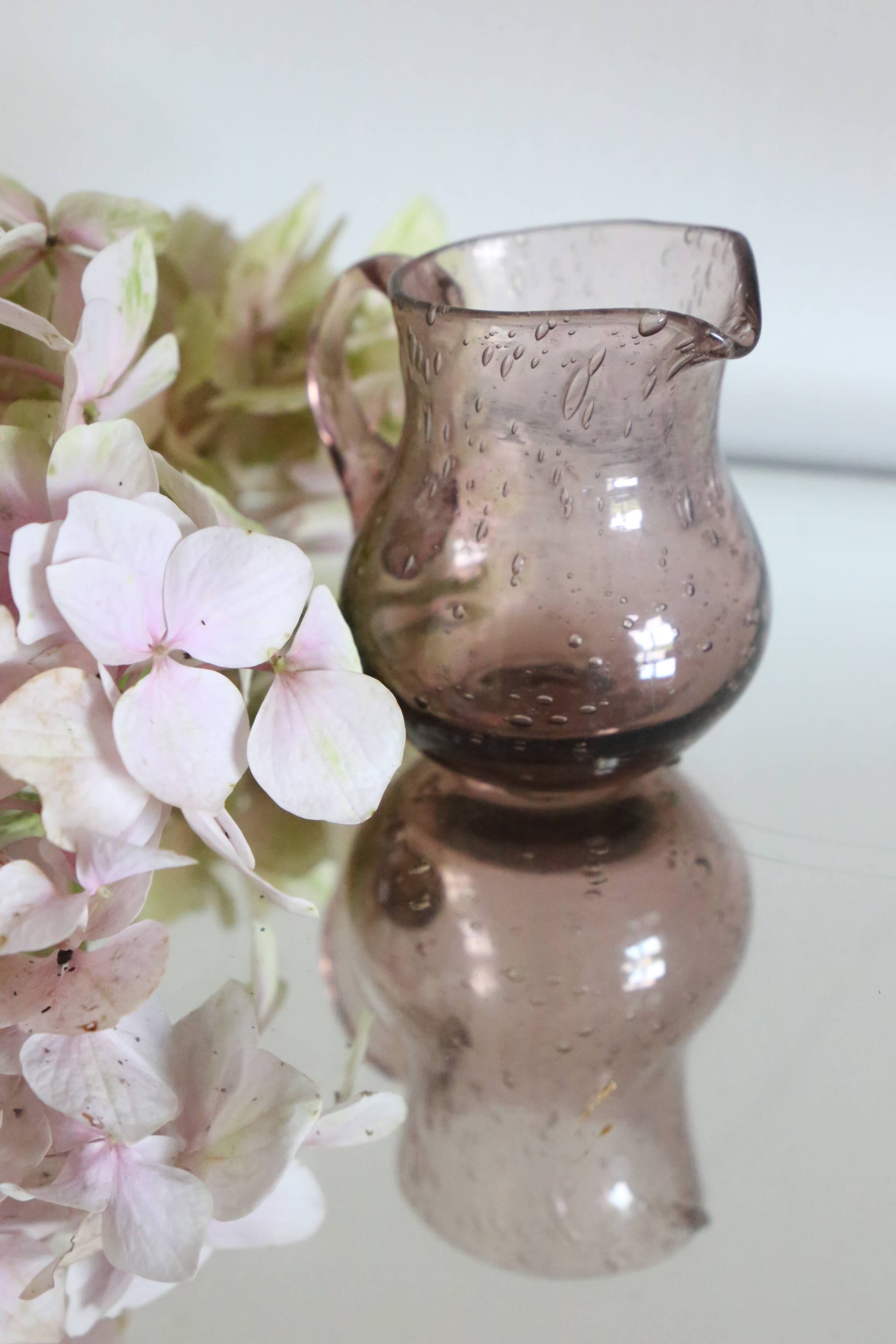 Milk jug, creamer, Biot in bubbled glass, handcrafted, purple, vintage