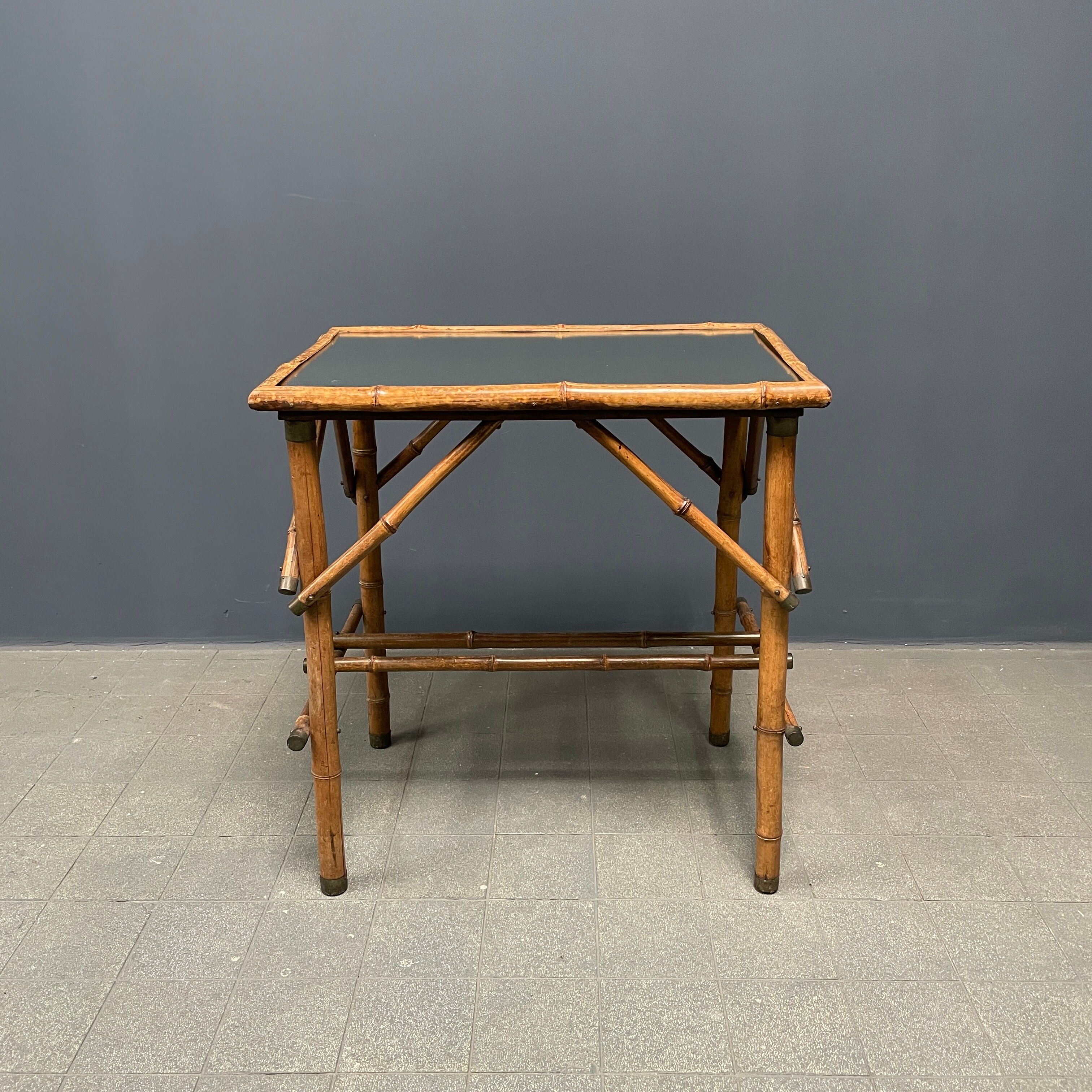 Bamboo side table with mirror top from France, 1940s