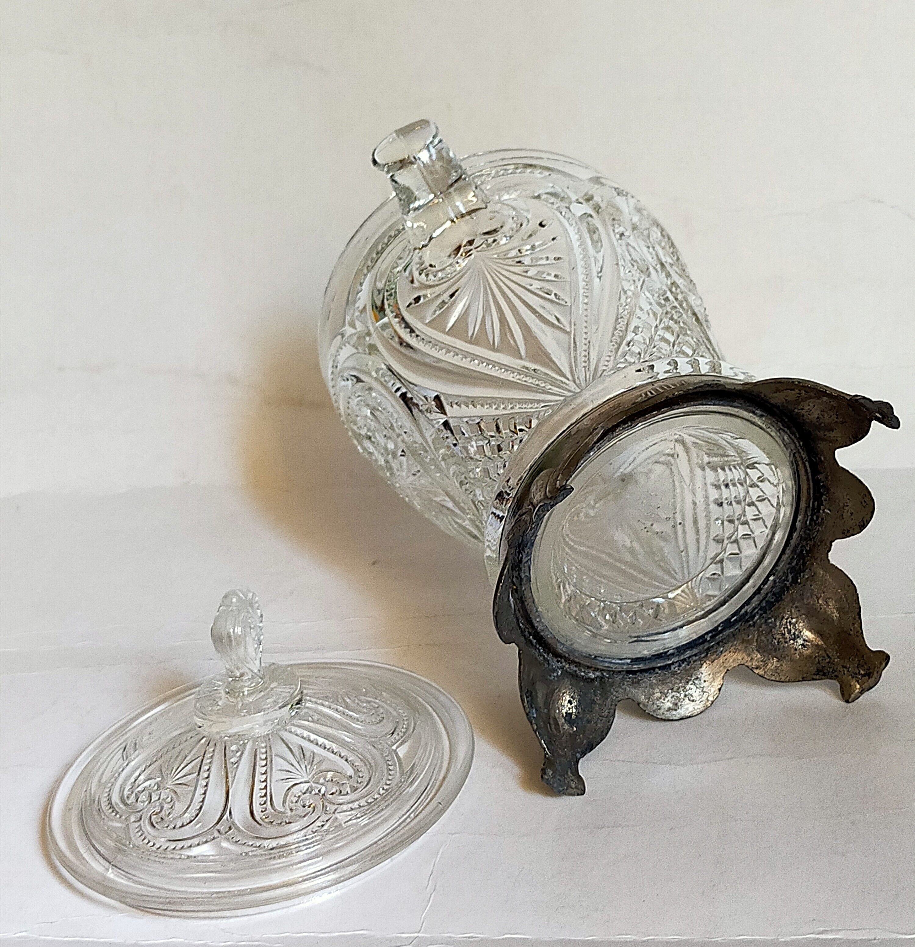 Antique glass compotier on metal stand