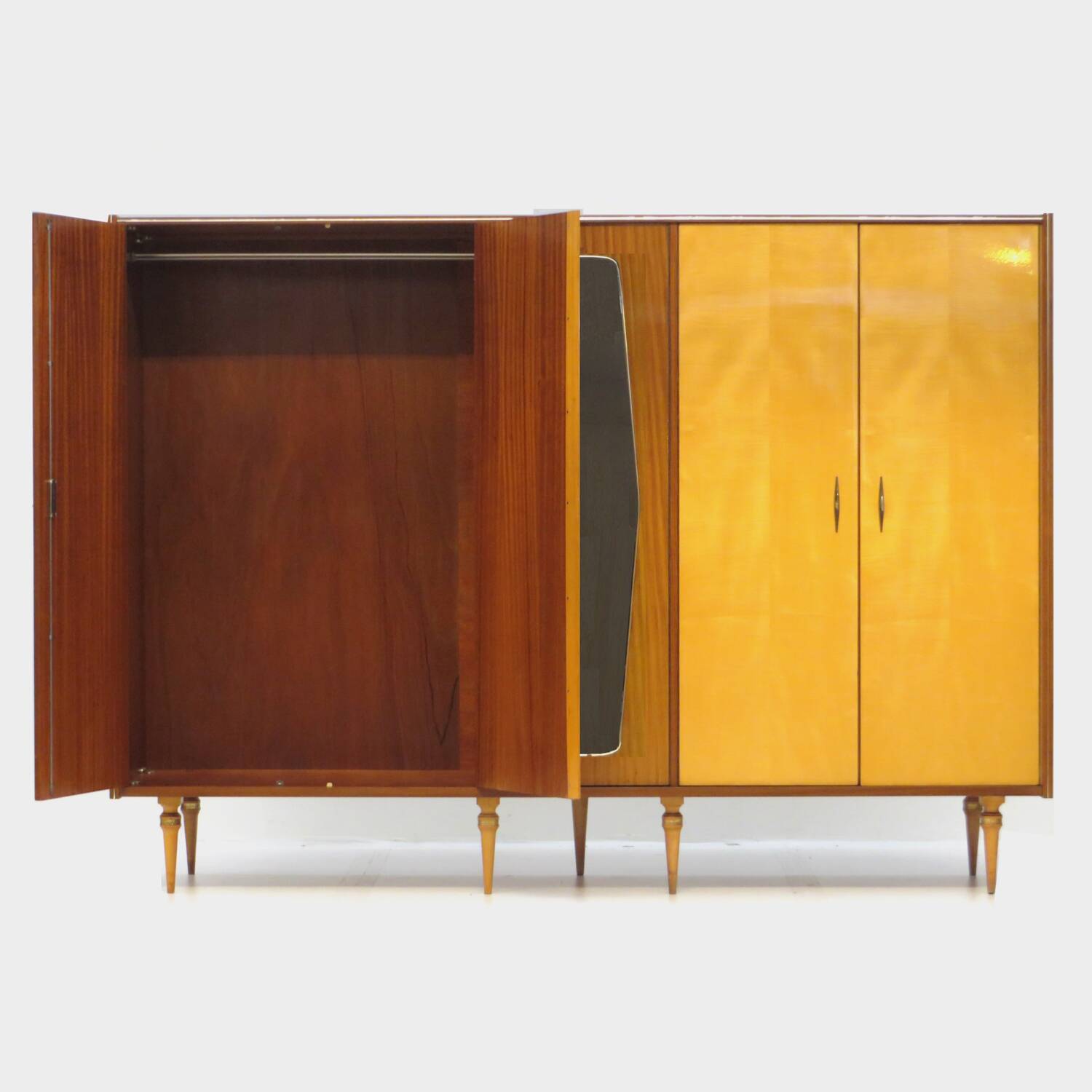 Large vintage mid century modern 5-door Wardrobe in Maple and Teak, 1950s