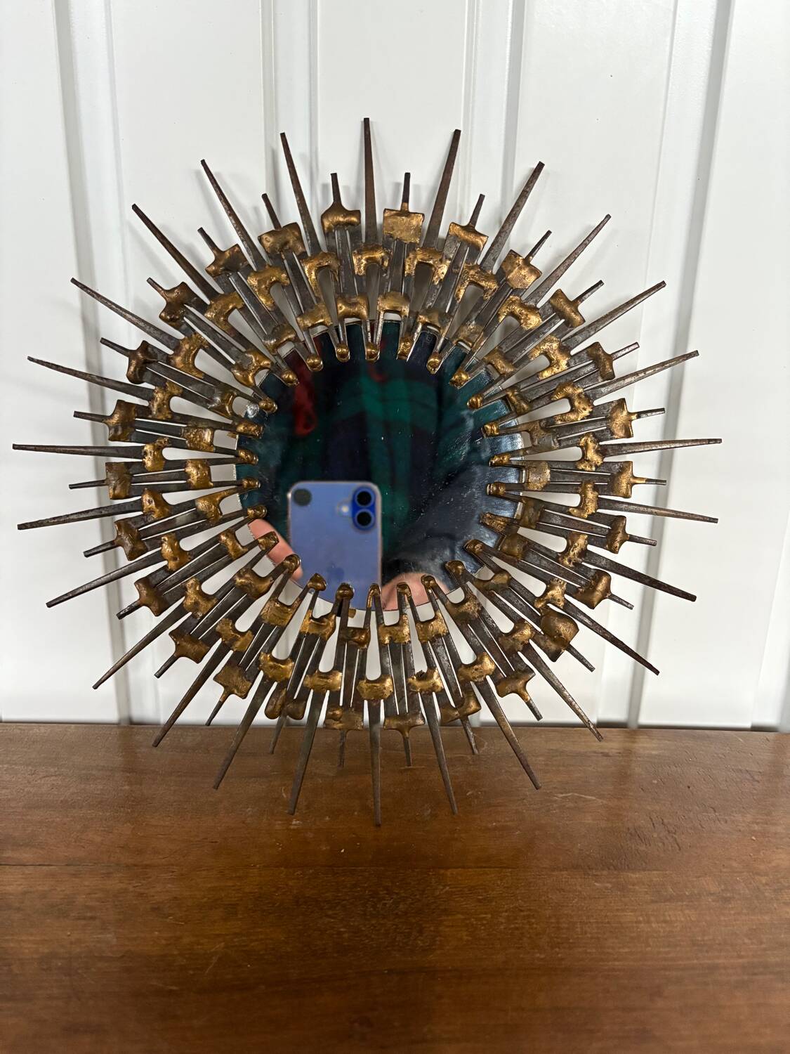Brutalist round wrought iron mirror from the 60s/70s