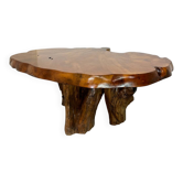 Table basse brutaliste Wabi Sabi du milieu du siècle en bois de loupe naturelle biologique