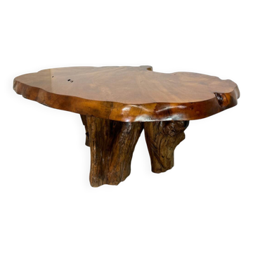 Brutalist Wabi Sabi mid-century coffee table made of natural biological burl wood.