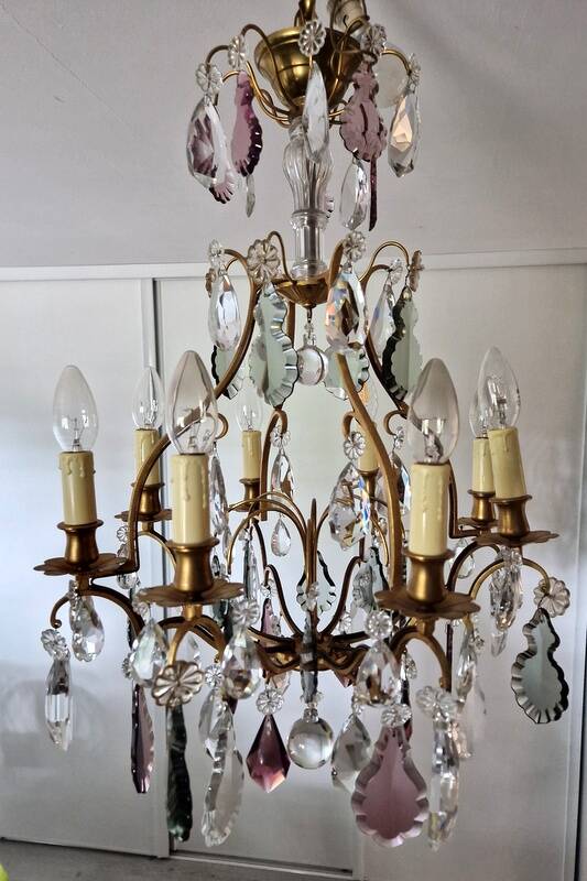 Brass cage chandelier and crystal pendants with 8 lights and 79 pendants