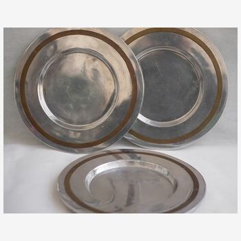 3 vintage plates, brushed aluminum and brass plates, decorative plates, collection