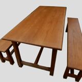 Farm table set and its 2 benches solid golden light wood