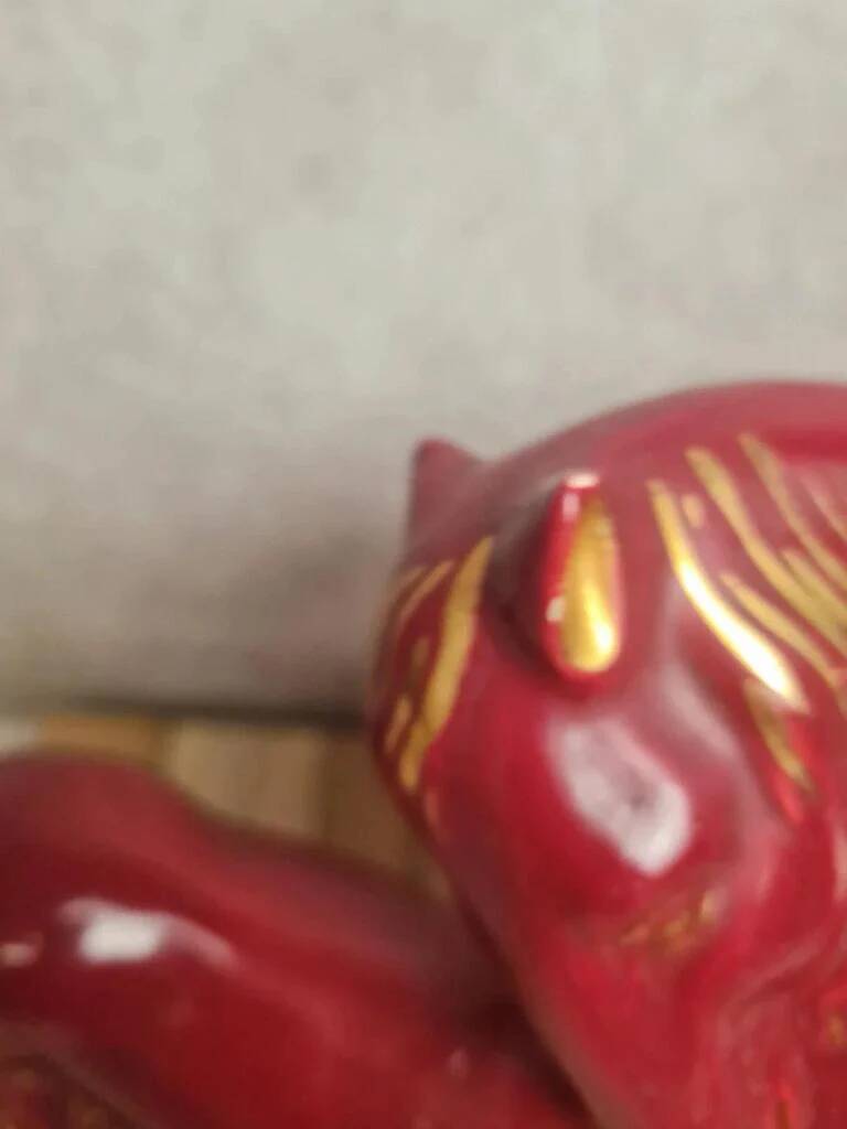 Vintage sculpture of mare and foal signed Jean – red ceramic and gilding.