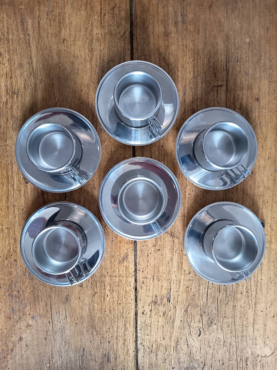 Set of 6 Casalinghi stainless steel cups and saucers, vintage Italian design