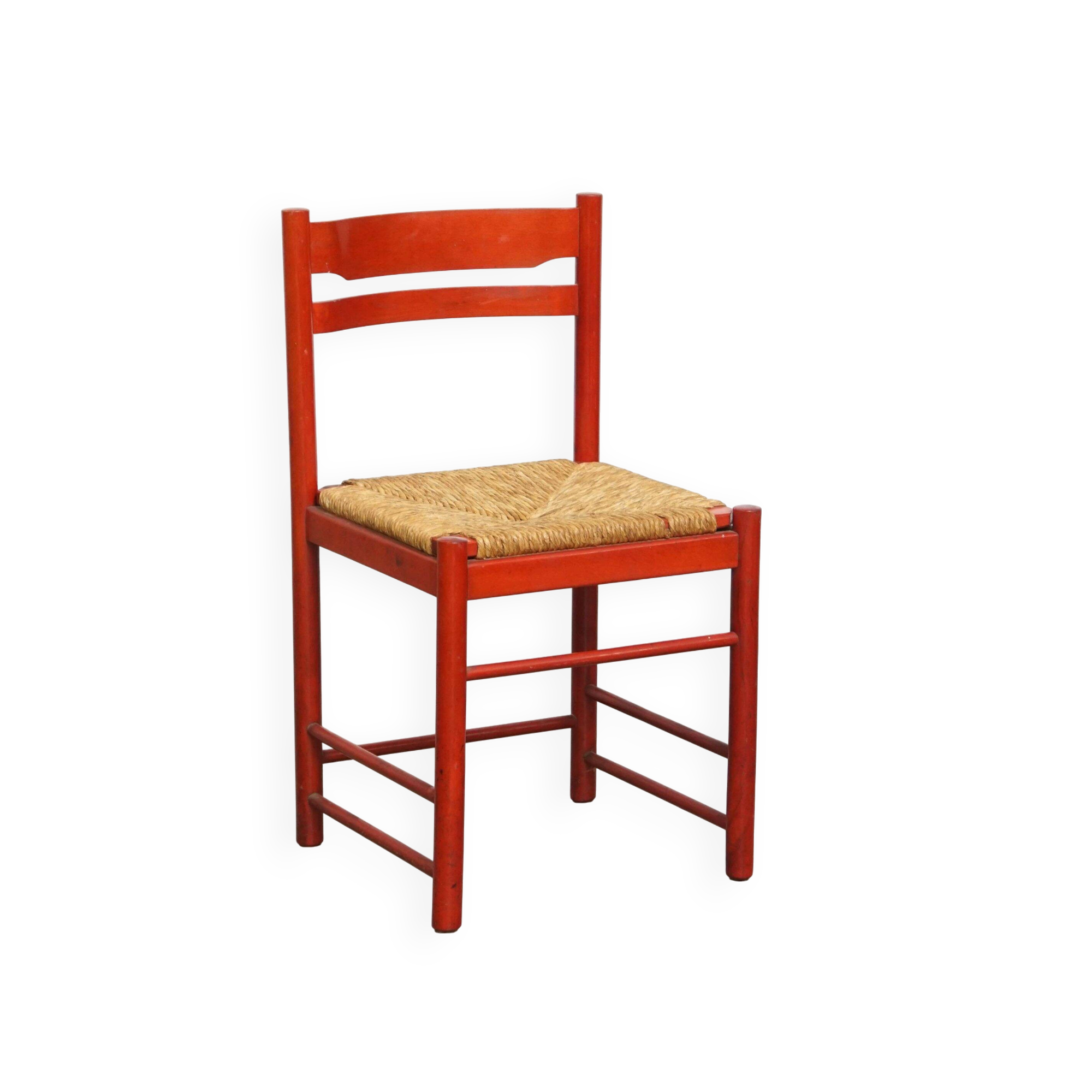 Vintage 1970s red wooden chair with a woven wicker seat