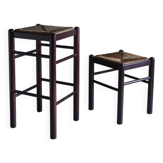 Tabouret et tabouret de bar vintage avec assise en jonc | Italie | Années 1970