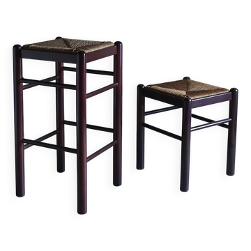 Tabouret et tabouret de bar vintage avec assise en jonc | Italie | Années 1970