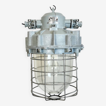 Large Grey Industrial Bunker  Light with Iron Cage from Elektrosvit, 1970s