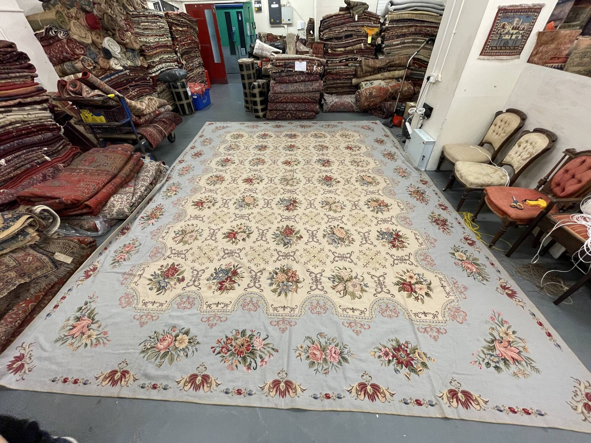 Very Large Aubusson Style Needlepoint Rug 360x470 cm Blue Floral Flatweave Wool