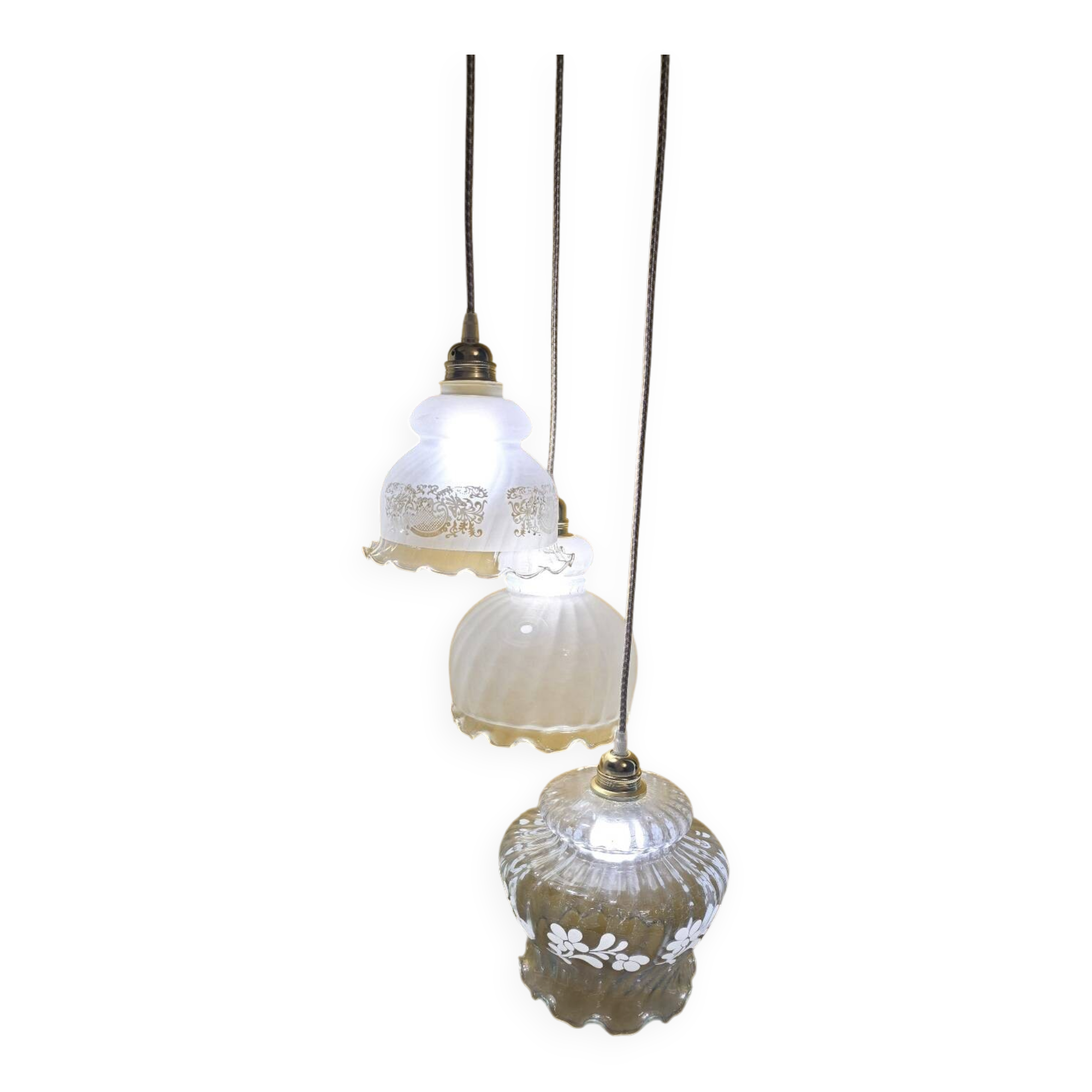 Original suspension of three vintage transparent glass globes.
