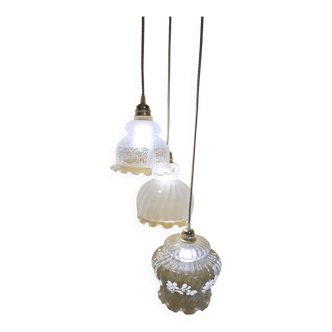 Original suspension of three vintage transparent glass globes.