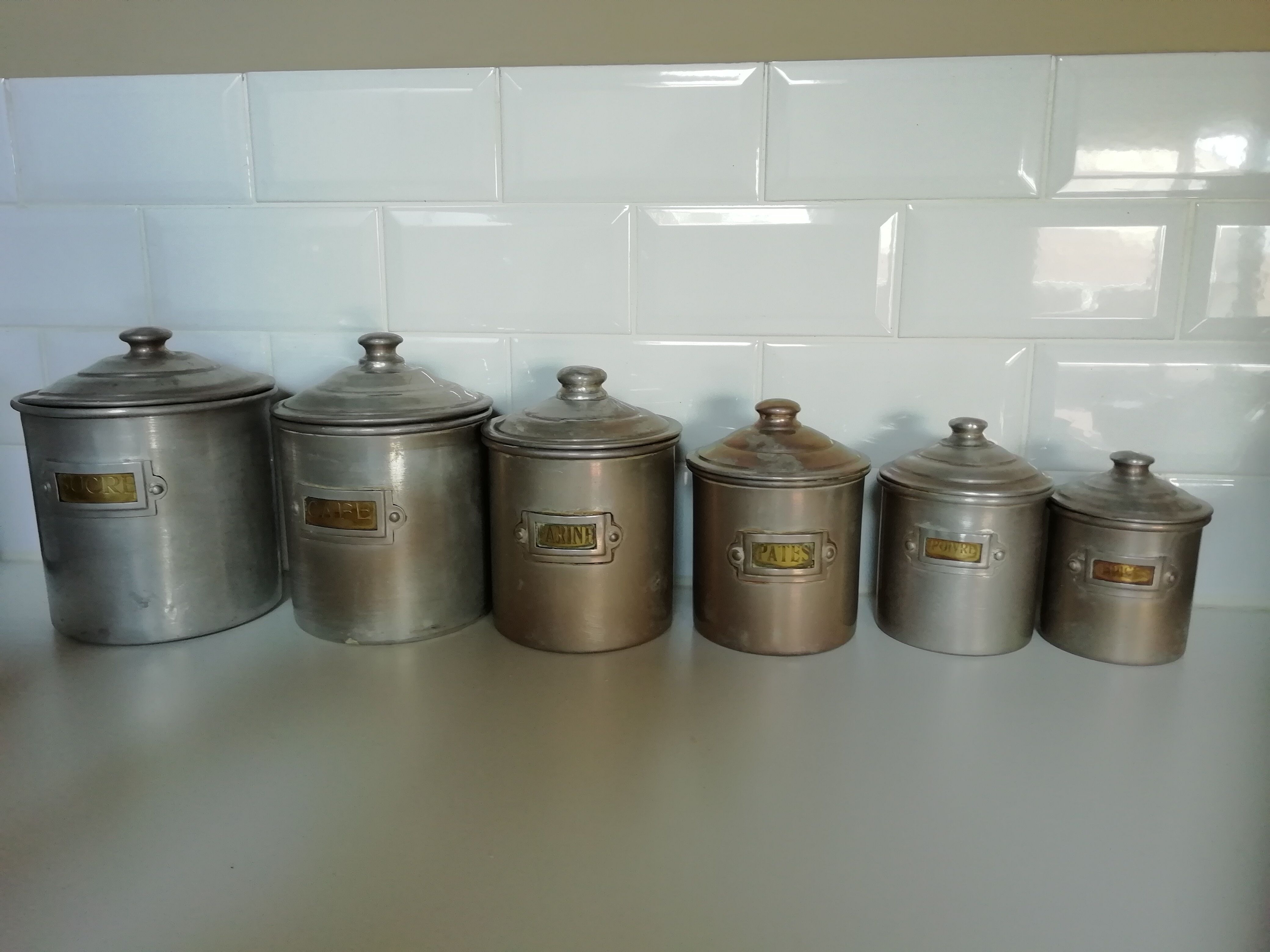 complete series of 6 metal jars with brass label