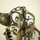 8-branch wrought iron chandelier with gray-green patina and antique gilding