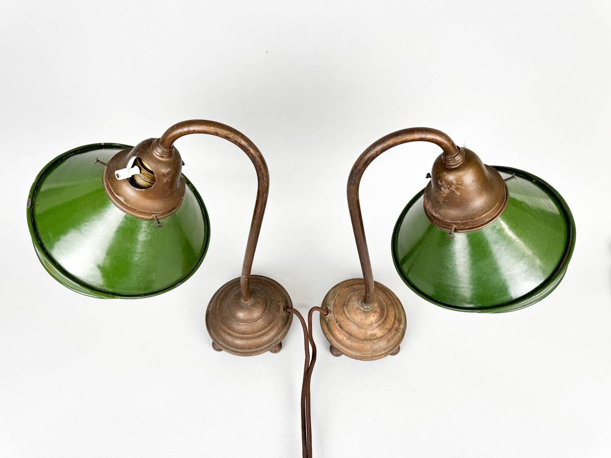 Pair of Unique 1920's Enamel & Cast Iron Desk Lamps, Czechoslovakia