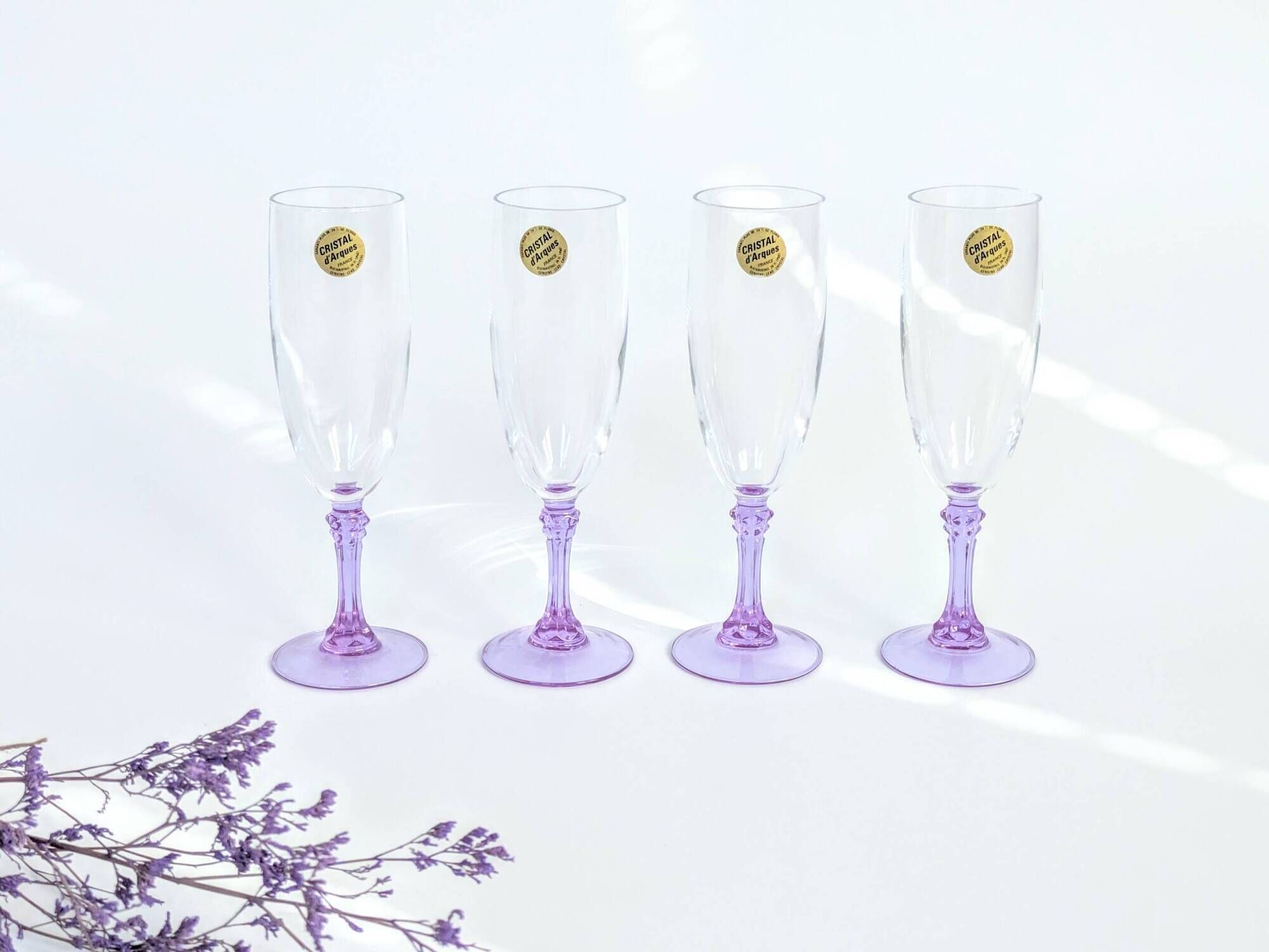 Lot de 4 flûtes Crystal d'Arques vintage en verre alexandrite