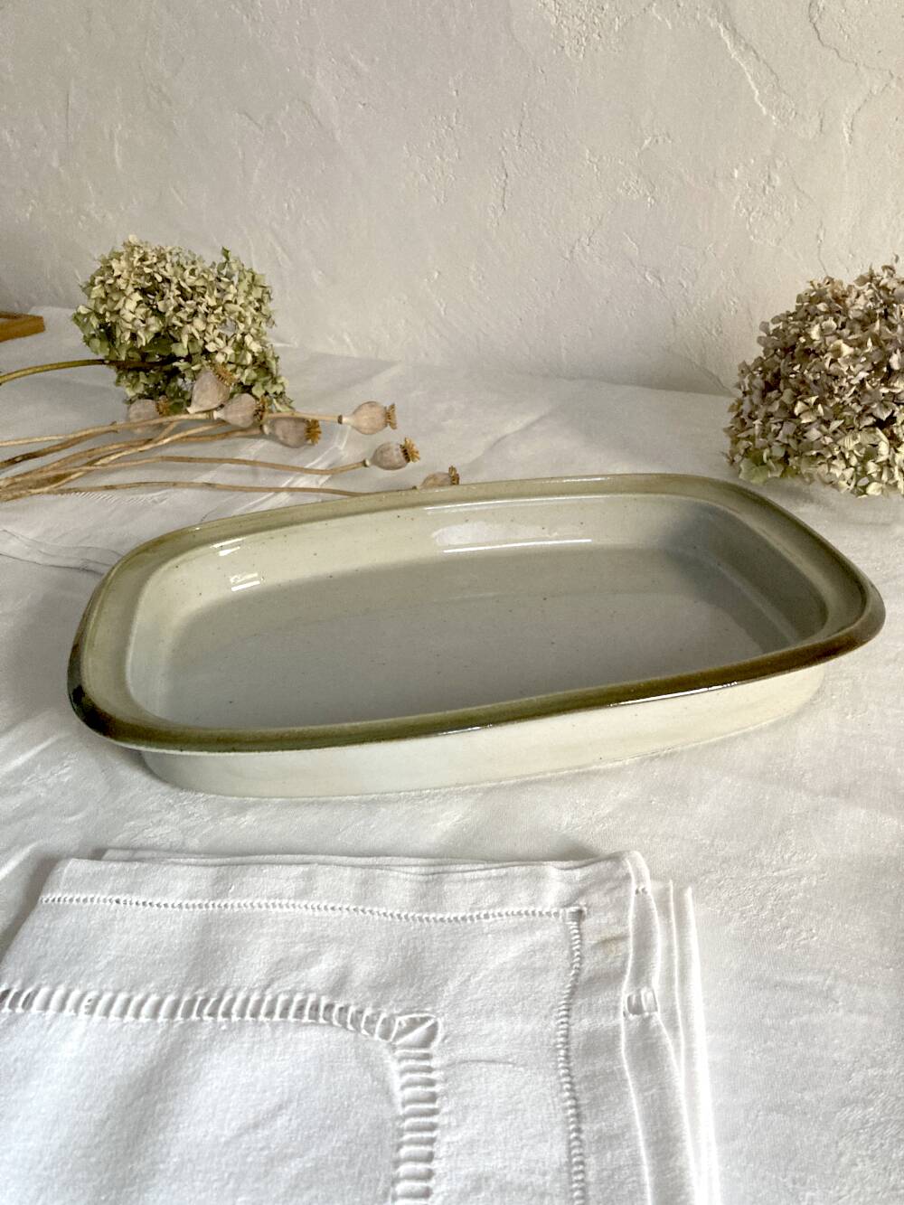 Rectangular stoneware dish, high-fired, Brenne pottery, 1970s-80s