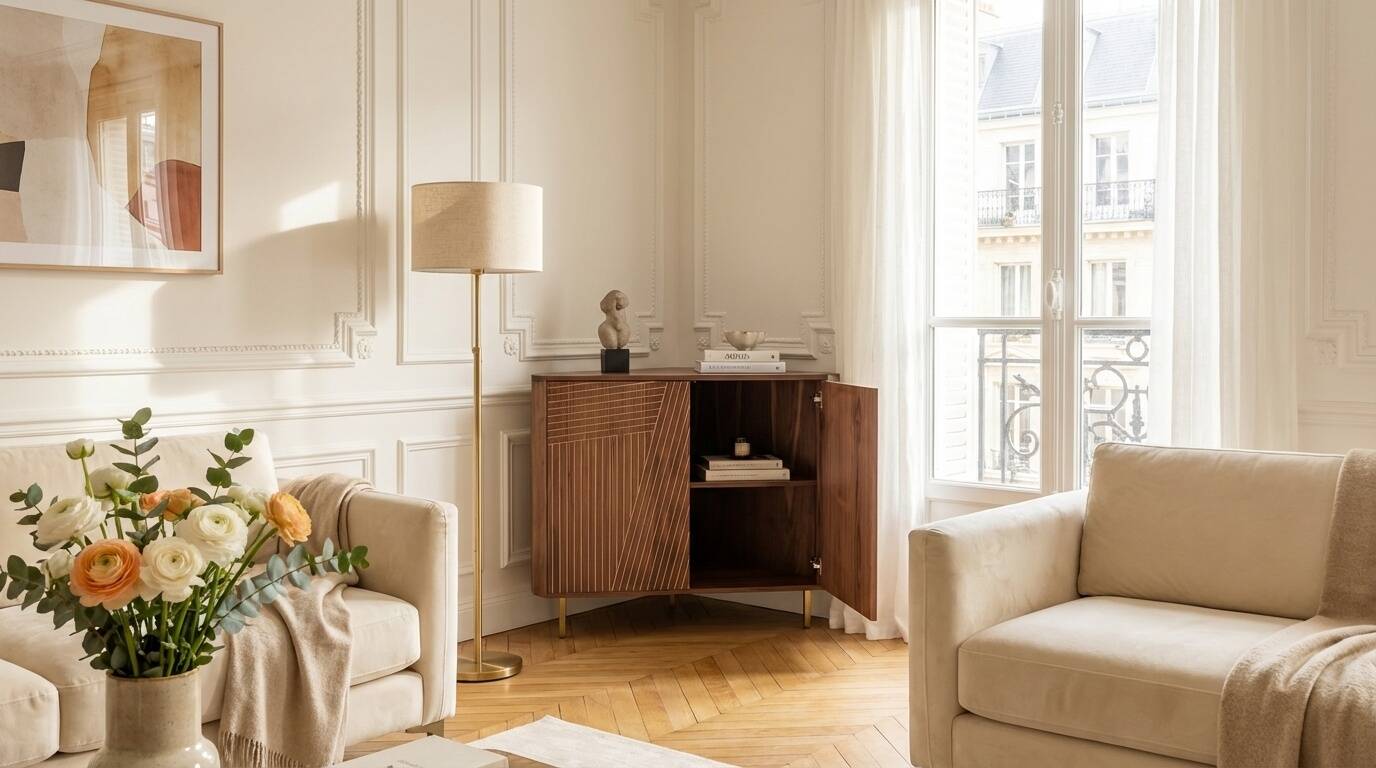 Corner console in walnut, 2-door sideboard, corner cabinet, line pattern.