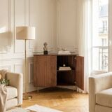 Corner console in walnut, 2-door sideboard, corner cabinet, line pattern.