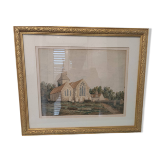 Aquarelle d'église ancienne – Paysage champêtre