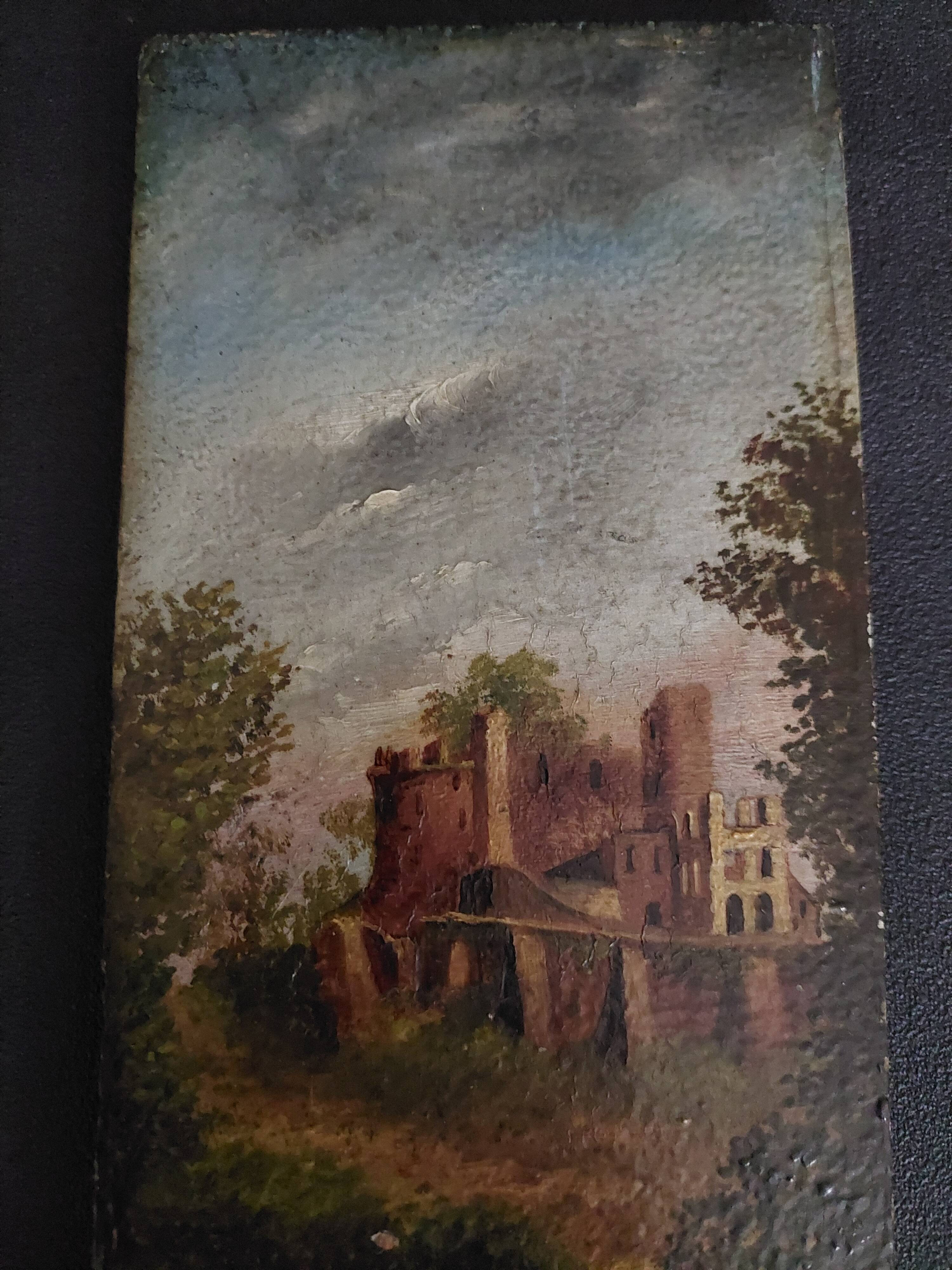 Oil painting on panel romantic landscape ruins late 19th century