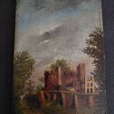 Oil painting on panel romantic landscape ruins late 19th century