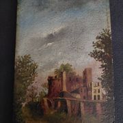 Oil painting on panel romantic landscape ruins late 19th century