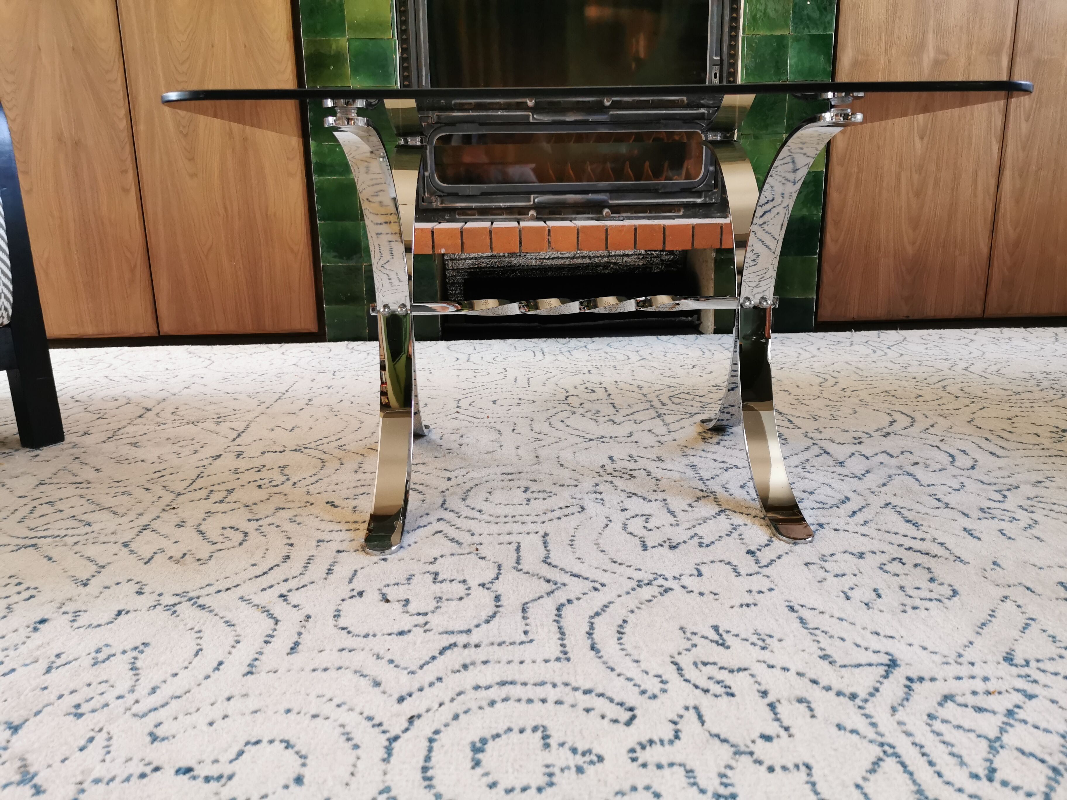 Vintage coffee table 70s in chrome metal and tinted glass